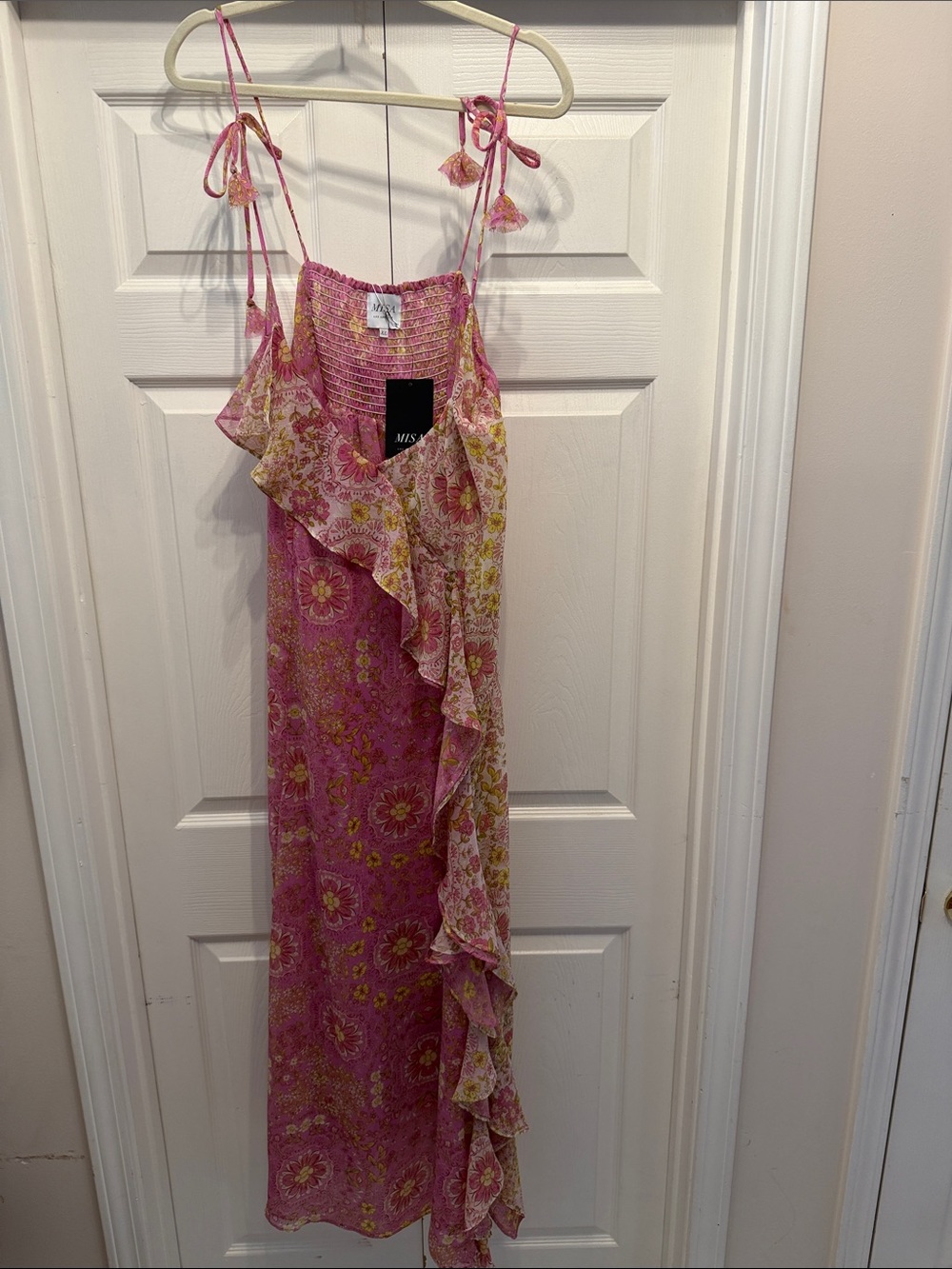 Misa Los Angeles Pink Floral Ruffle Maxi Dress with Tassel Tie Straps